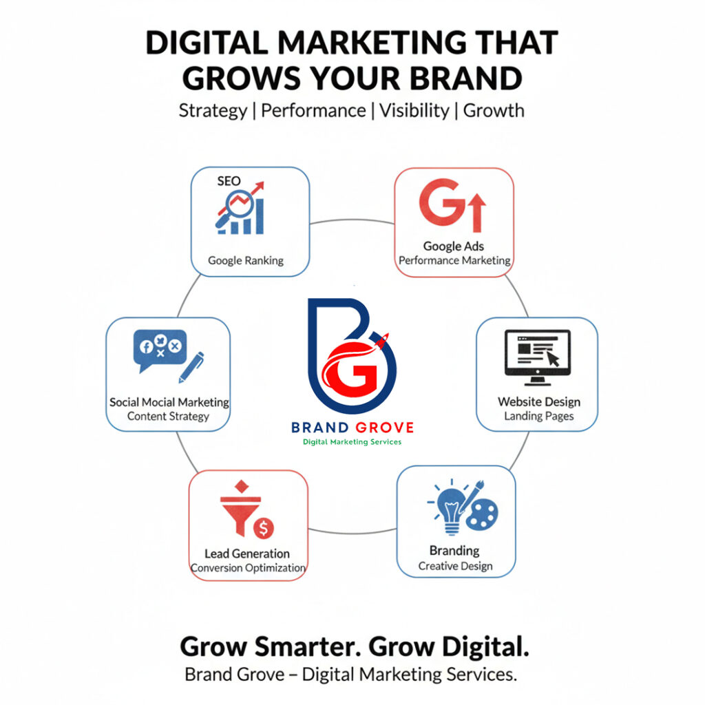 Brand Grove digital marketing advertising agency service wheel including SEO, Google Ads, social media, and landing page design